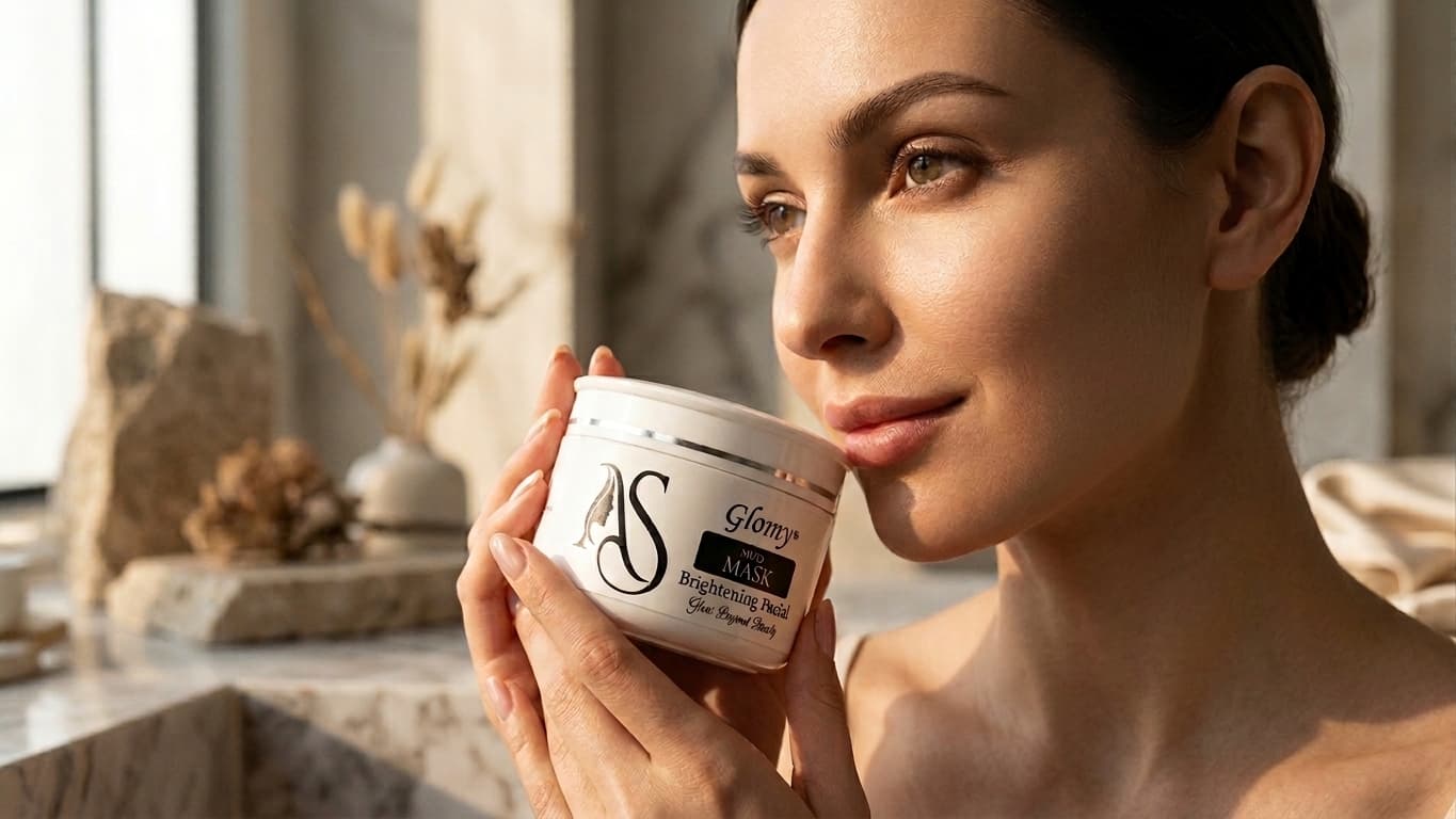 Close-up of ASGlomy brightening facial mud mask in hand